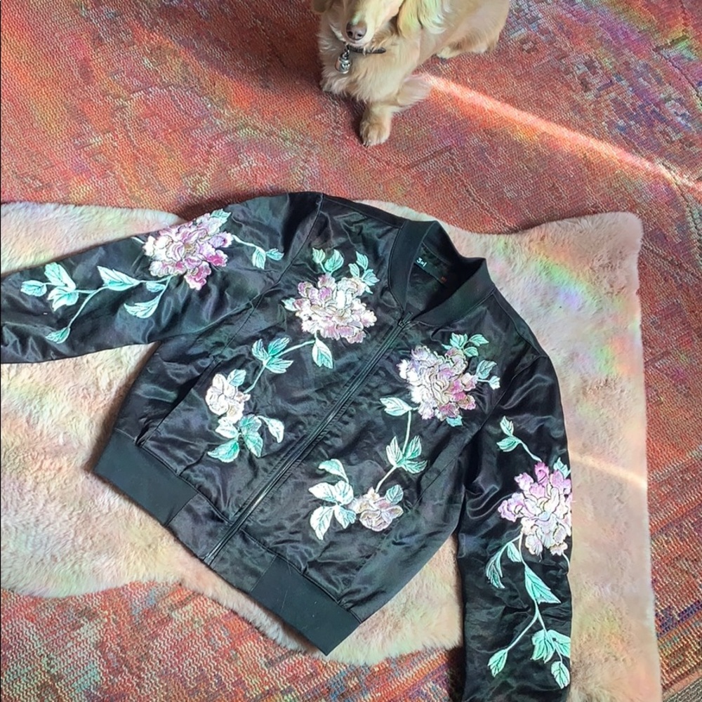 Embroidered satin rose jacket bomber